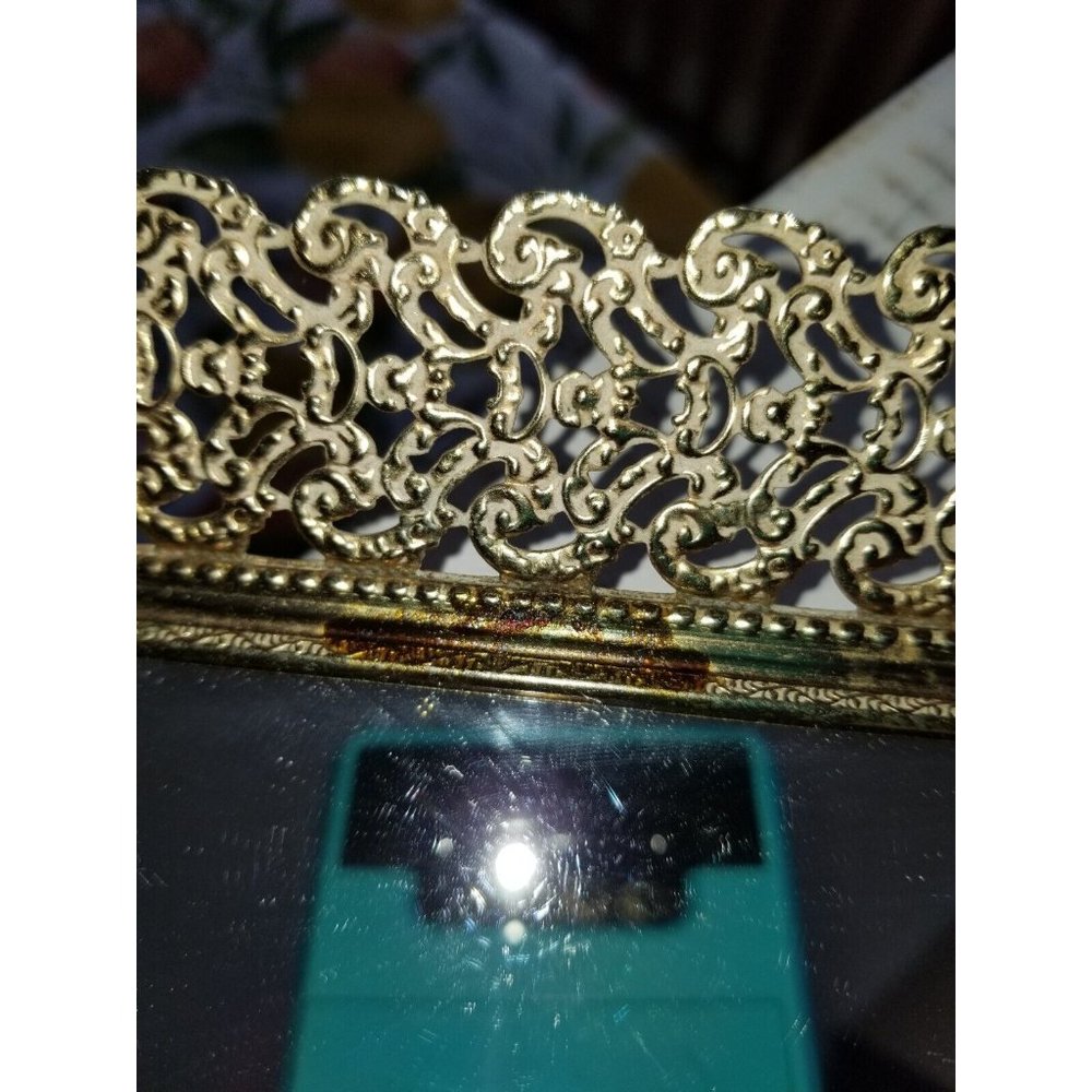 Vanity Dresser Mirror Tray with Filagree Gold Tone Metal Frame Vintage Rectangle - Picture 5 of 11